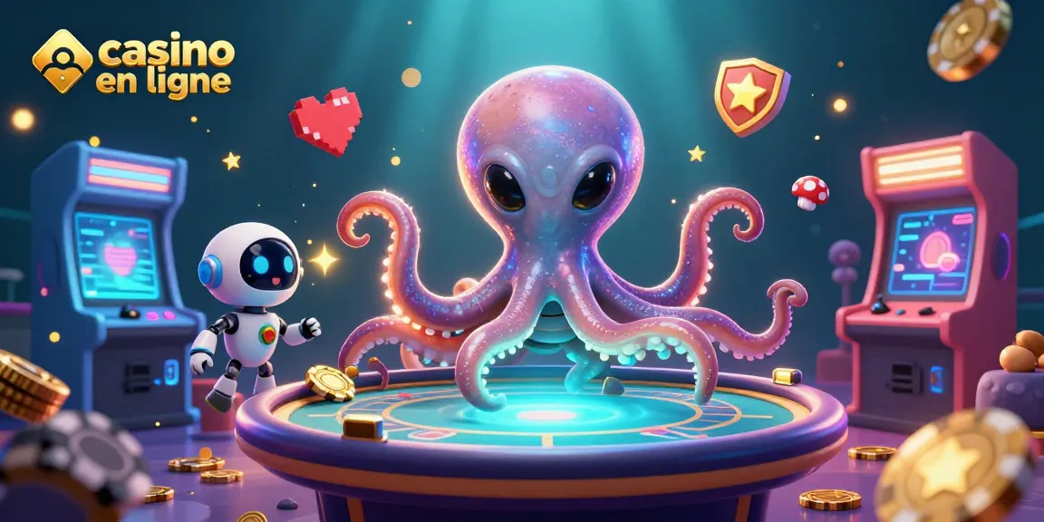 Jouer au casino en ligne avec un octopus extraterrestre, des jetons et des machines à arcade colorées