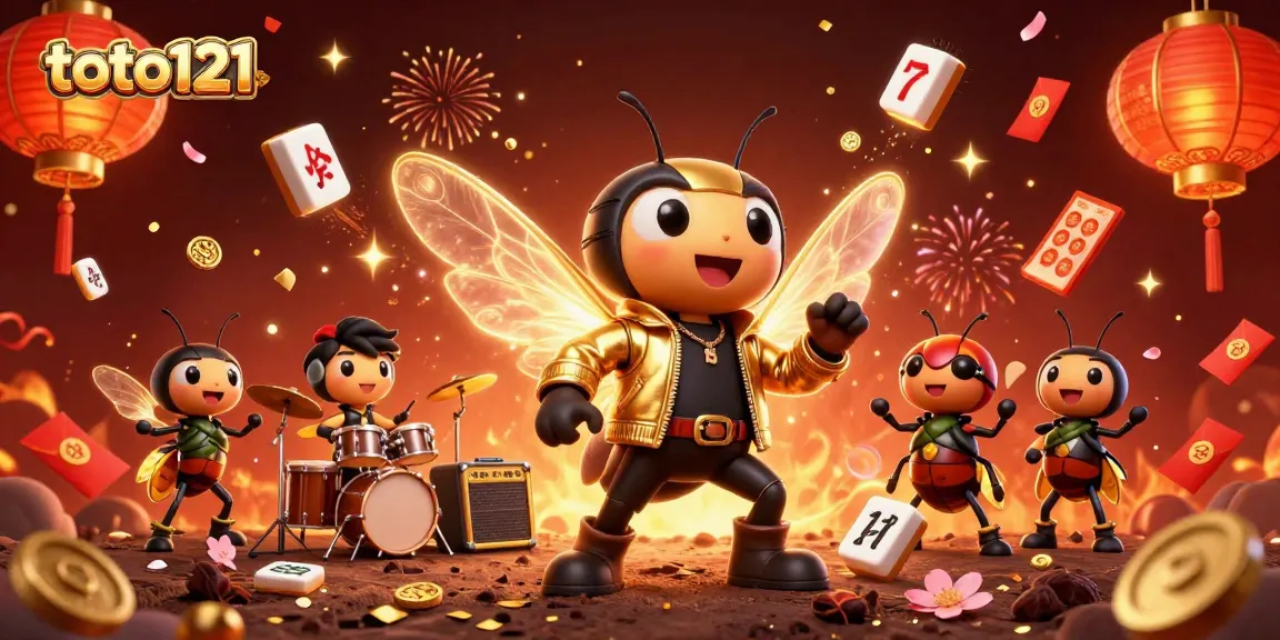 Toto121 showcases a vibrant casino scene with a rock star cicada, beetle drummer, and festive game elements.