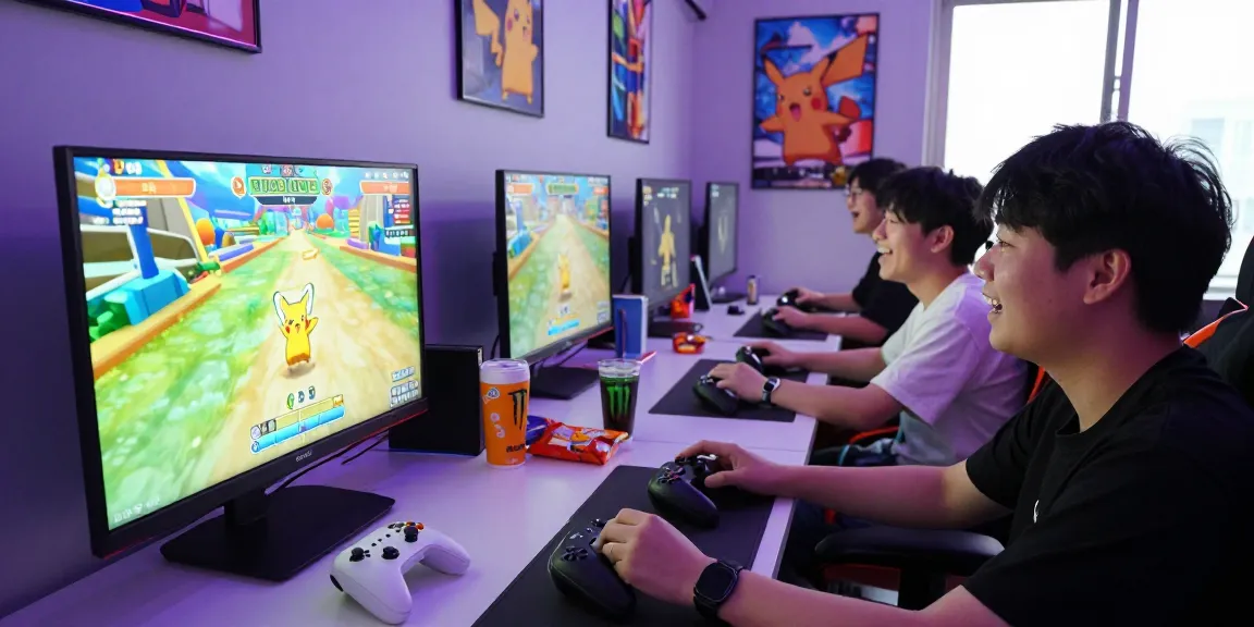 Engaged friends in gaming lounge experiencing pokemontoto login excitement during Pokémon gameplay.