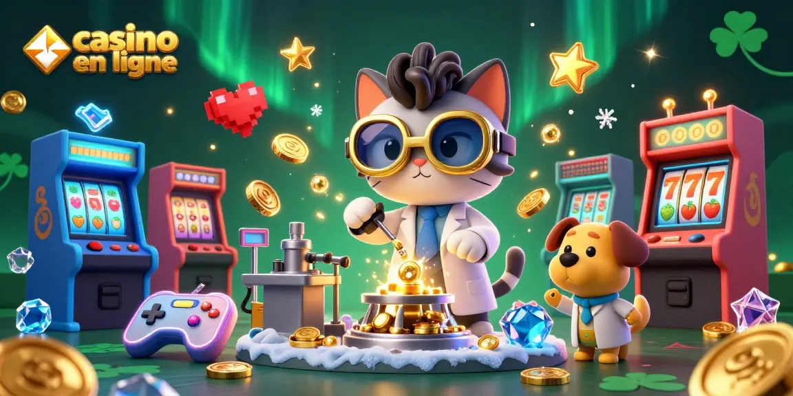 Illustration dynamique de casino en ligne avec un chat scientifique fou et son assistant, créant des machines à sous.