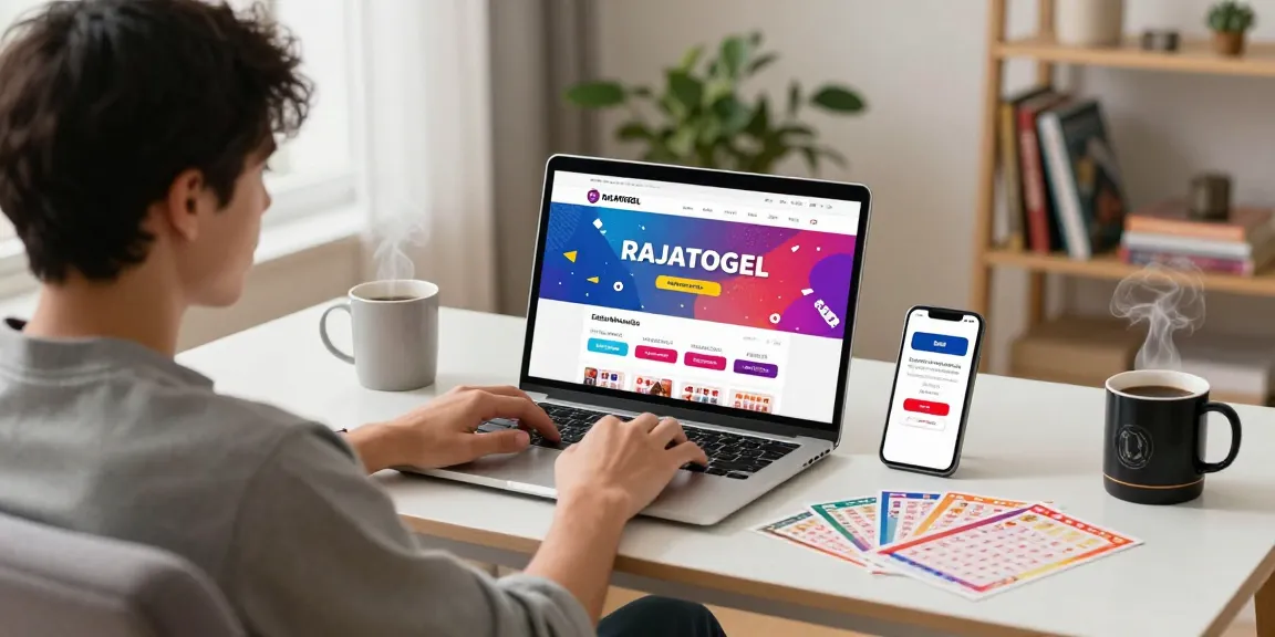 Pengguna RAJATOGEL berfokus di laptop dengan akses mudah dan nyaman untuk lotere online.