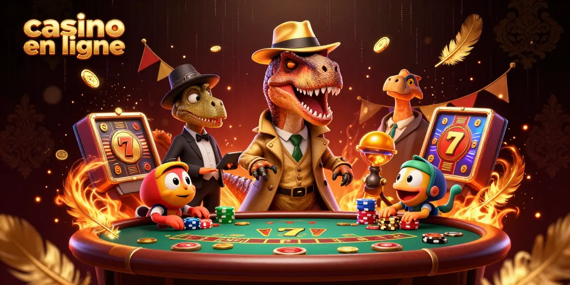 Une illustration de casino en ligne montrant un vélociraptor au blackjack, avec des jetons de jeu.