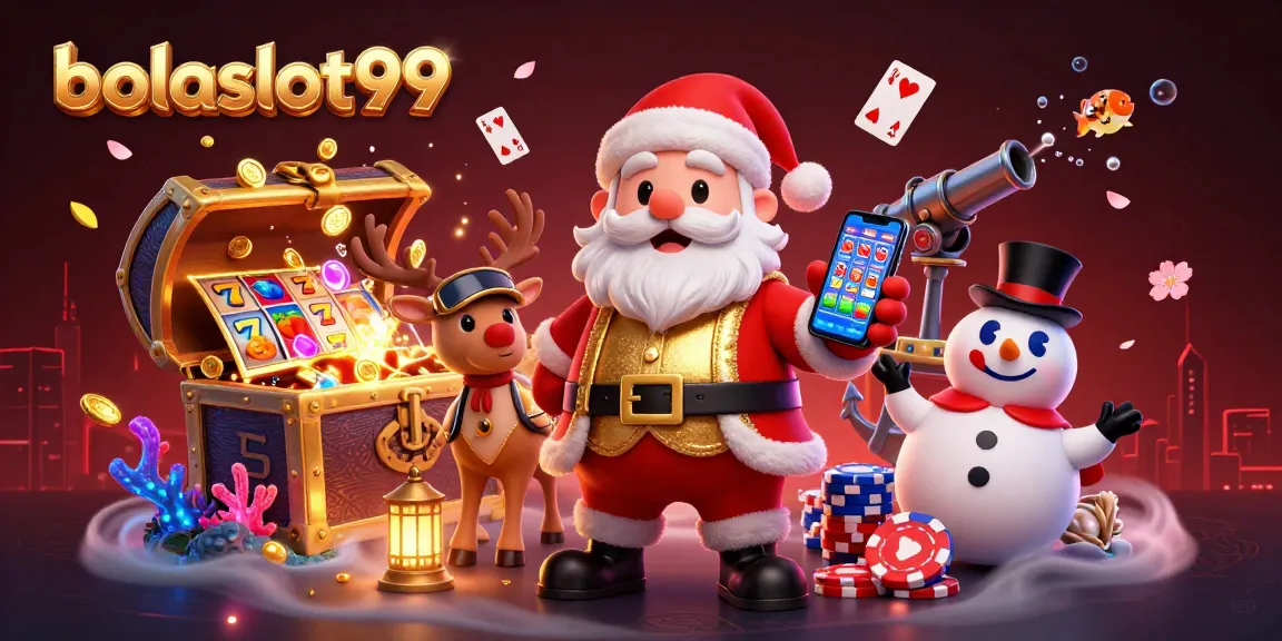 Experience big wins with bolaslot99 in this vibrant 3D casino-themed illustration featuring Santa and friends.