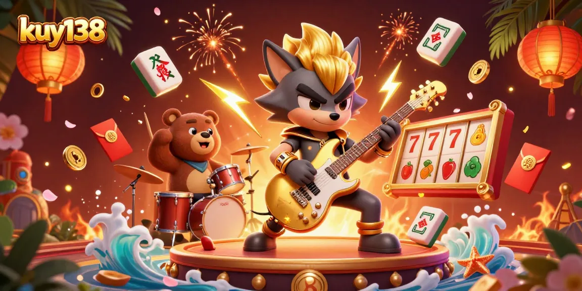 Ilustrasi 3D menarik diawali dengan rock star wolf dan drummer bear di panggung kuasa kuy138, dikelilingi oleh elemen permainan kasino