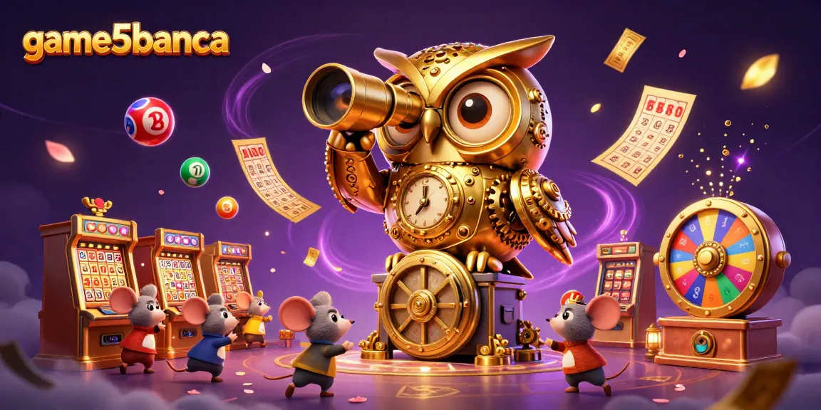 game5banca showcases a vibrant casino scene with a clockwork owl and mouse patrons amidst colorful lottery elements.