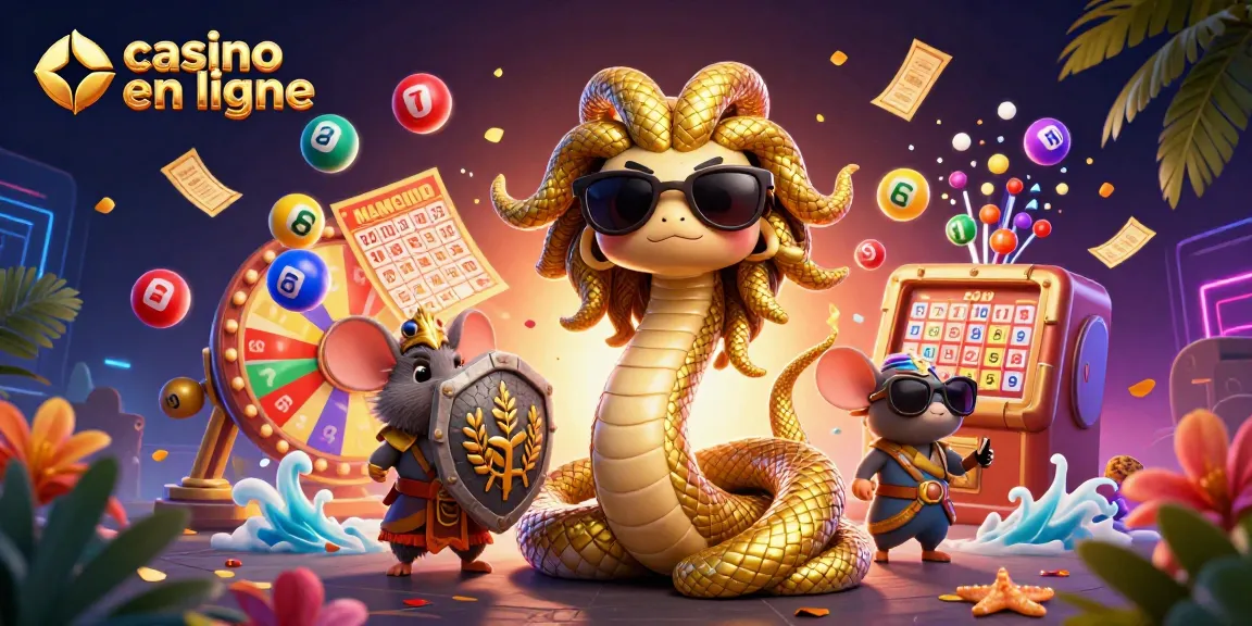 Jouez à casino en ligne avec Medusa et un héros souris dans une scène colorée de loterie.