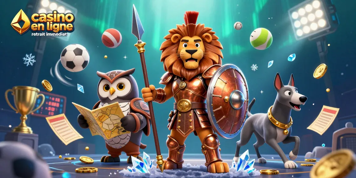 Illustration dynamique du "casino en ligne retrait immédiat" avec un lion en armure et des éléments de jeu en mouvement.