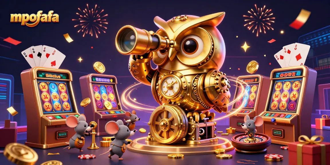 Engage with mpofafa's dynamic casino experience featuring a vibrant scene with a golden owl, slot games, and confetti.