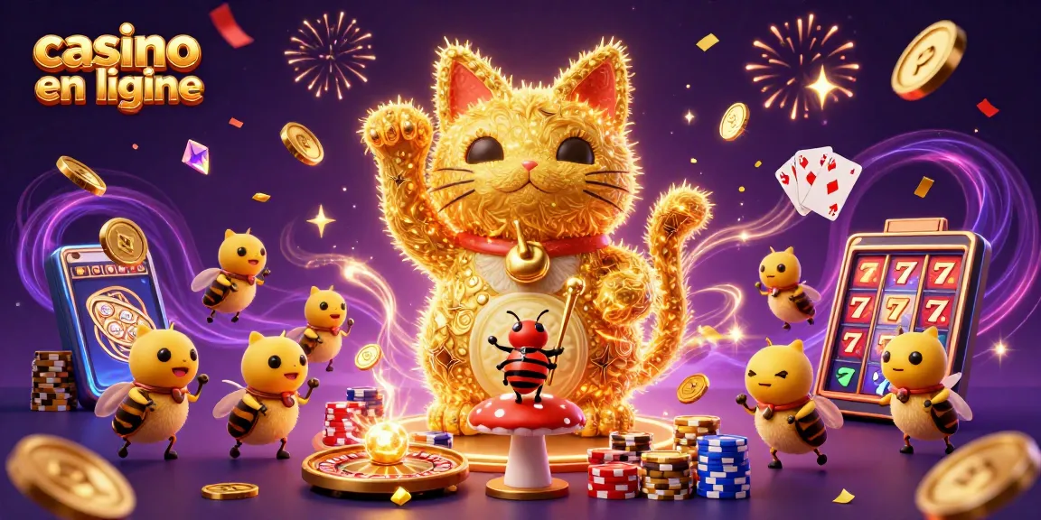 Découvrez le monde du casino en ligne avec des lucioles dorées et des éléments de jeu captivants.