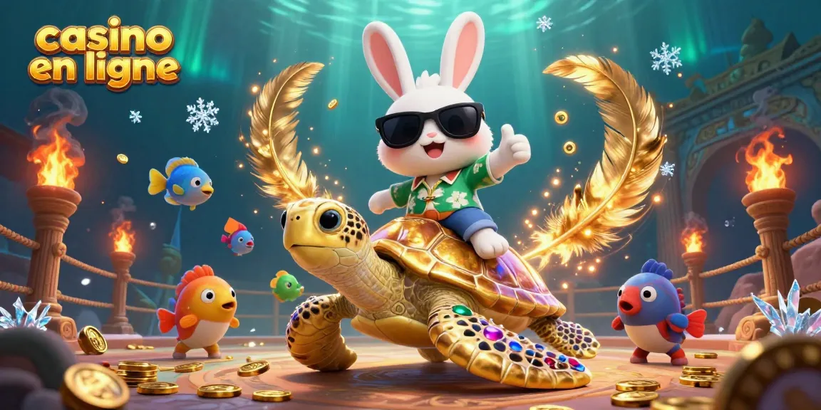 Illustration dynamique représentant un casino en ligne avec un lapin chanceux et une tortue dorée.
