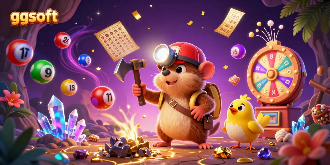 Mole penjahat membawa pik sekaligus bermain lotere di dunia ggsoft, dikelilingi bola nomor menarik.