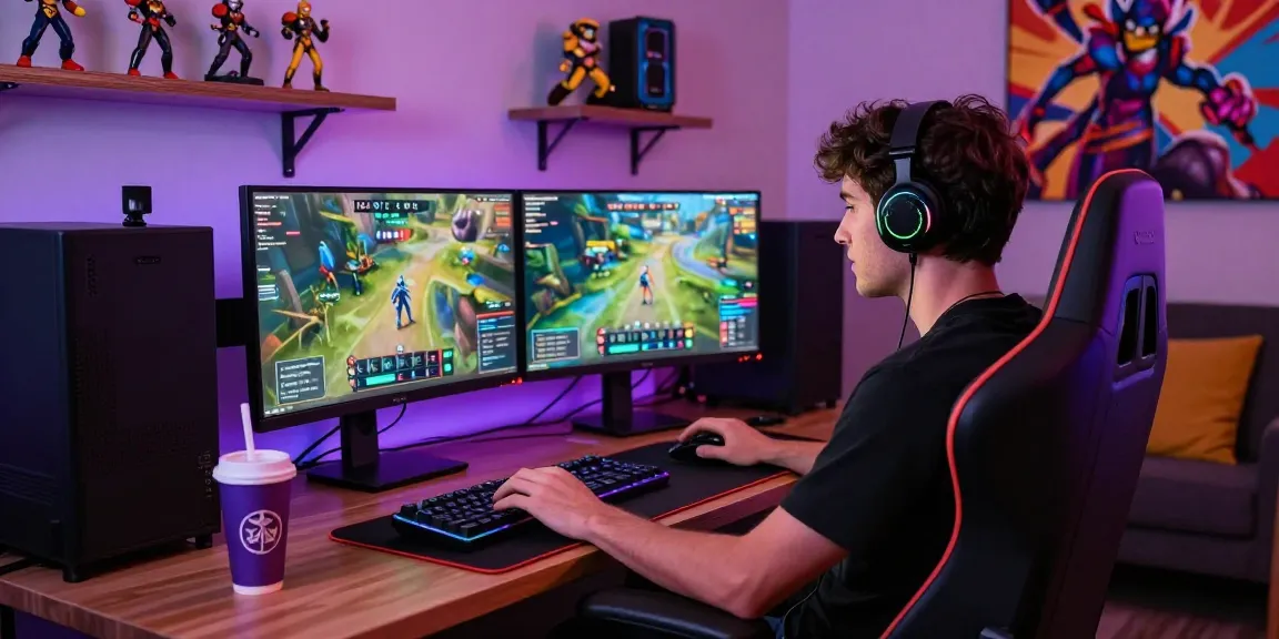 Gamer immersed in competitive online gaming with sc88 interface, dual monitors, and RGB lighting