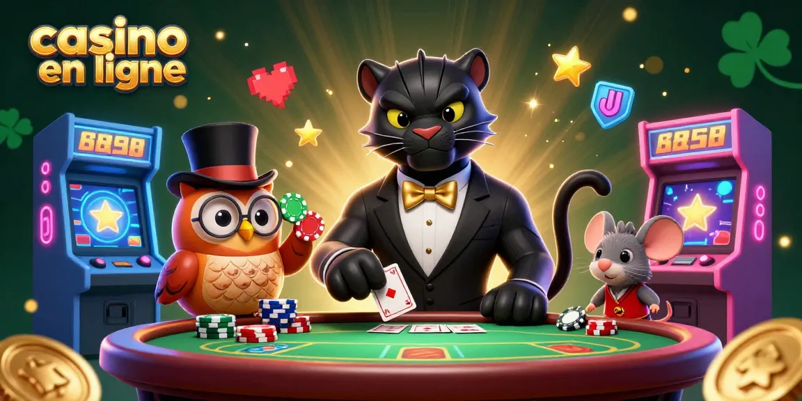 Le casino en ligne s'anime avec un panthère élégant distribuant des cartes entouré d'une chouette et d'une souris chanceuse.