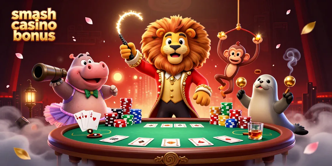 Le bonus Smash Casino, illustration vibrante de personnages de casino en action et d'éléments de jeu.