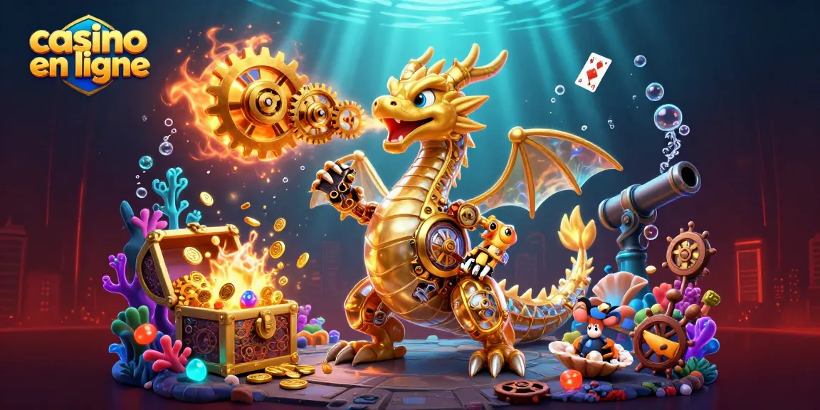 Une scène dynamique de casino en ligne avec un dragon doré et des jeux d'argent sous-marins.