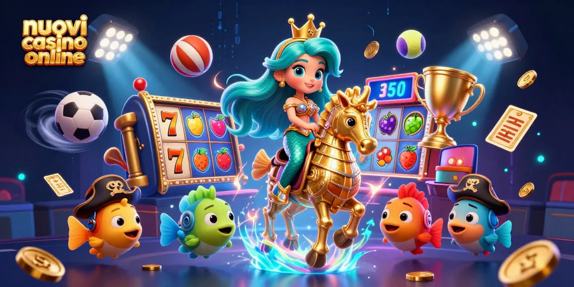 Illustrazione 3D del tema nuovi casino online con una sirena e i suoi amici colorati in un mondo di gioco.