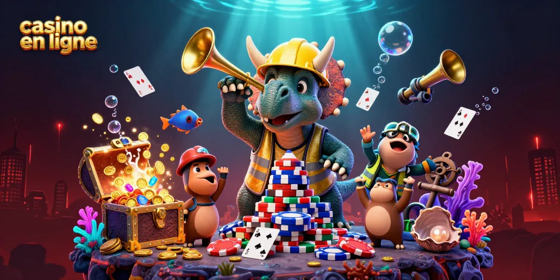 Jeux de casino en ligne lors d'une fête sous-marine avec des personnages de dinosaures amusants.