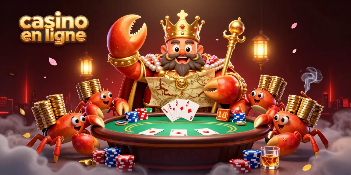 Le casino en ligne en action avec un crabe doré et des éléments de poker captivants.