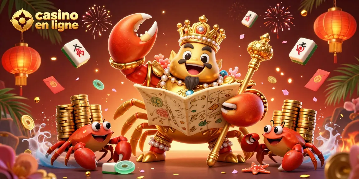 Jouer au casino en ligne avec un crabe doré majestueux et des éléments festifs.