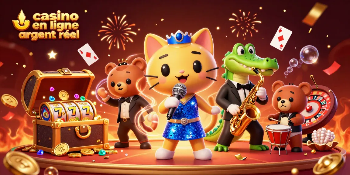 Scène vibrante de casino en ligne argent réel avec un chat, un crocodile et un ours, combinés avec des éléments de jeu.