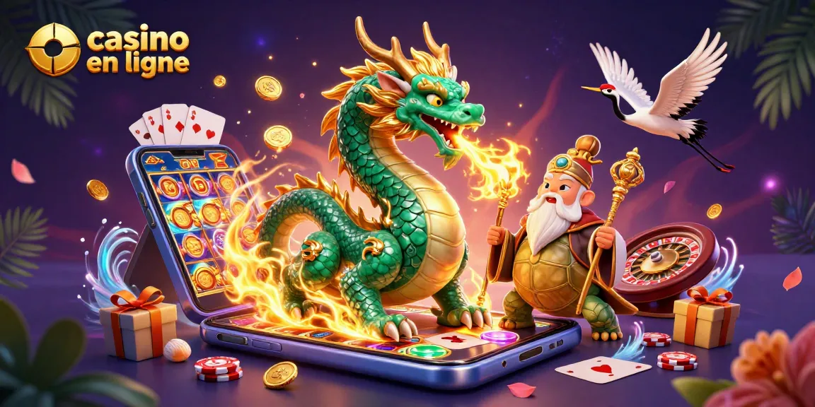 Profitez de l'expérience de casino en ligne avec un dragon et un sage dans une illustration vibrante.