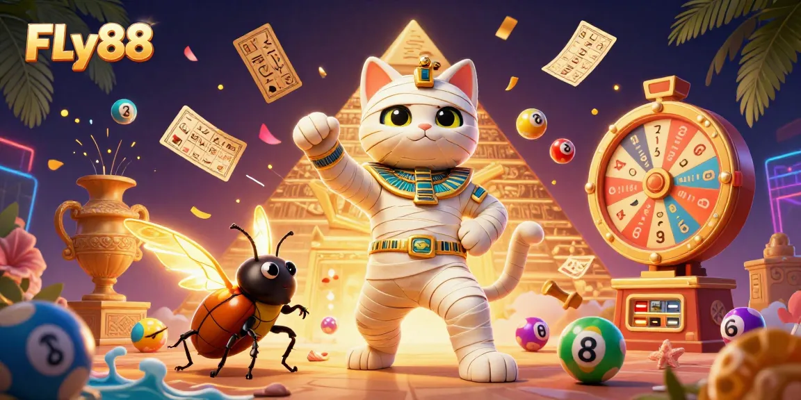 Experience the thrill of winning with FLy88 as the Egyptian mummy cat and scarab beetle animate a vibrant casino.