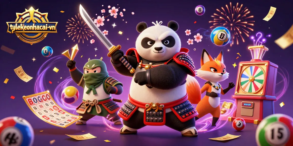 Engage with tylekeonhacai-vn's thrilling lottery scene featuring a dynamic panda samurai and magical elements.