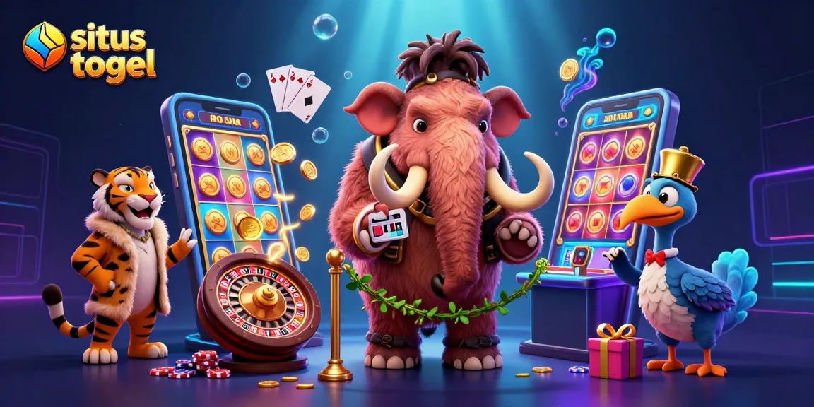 Engage in exciting games on situs togel while a mammoth checks IDs, surrounded by thrilling casino elements.