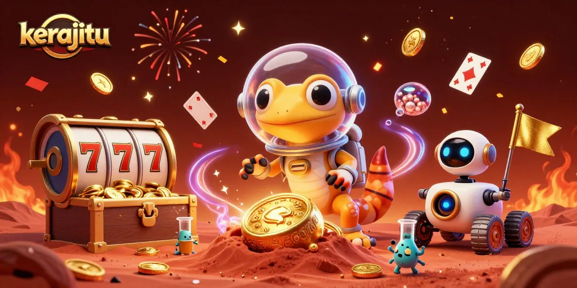 Gecko Mars di Kerajitu merayakan kemenangan dengan kasino emas dan slot 7 beruntung.