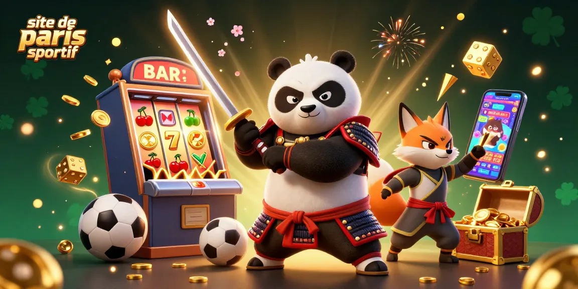 Capturer des paris audacieux sur le site de paris sportif avec un panda samouraï et une scène de gains féeriques.
