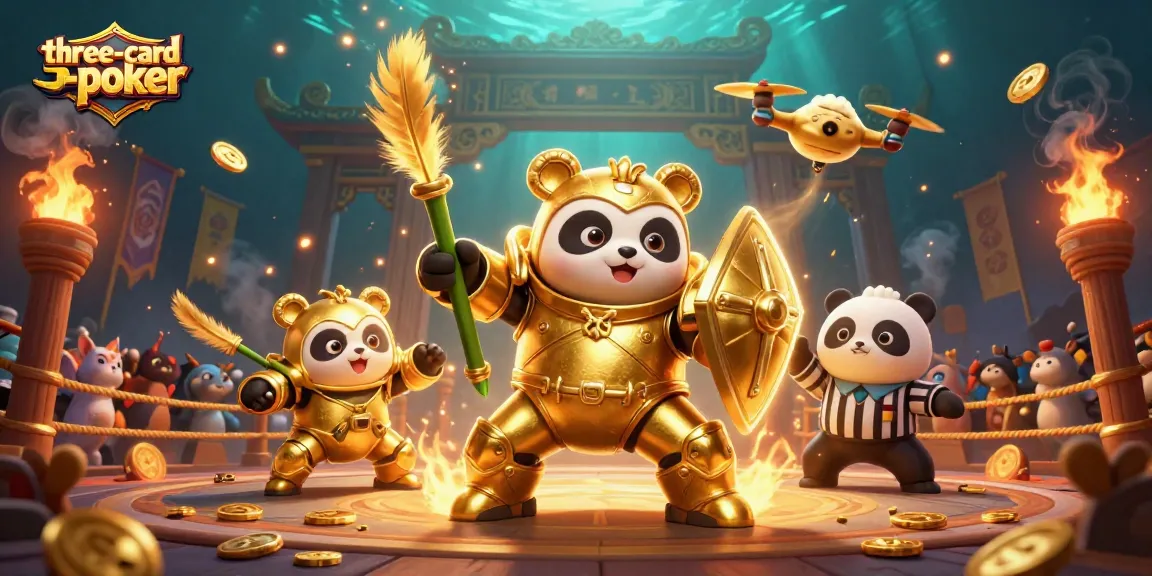 Engage with three-card-poker action, showcasing a dynamic 3D arena battle illustration.