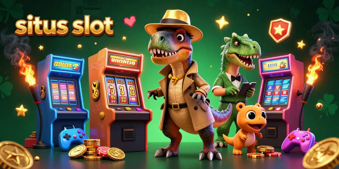 Situs slot scene with cartoon velociraptor counting cards, stegosaurus boss, and compy stealing chips.