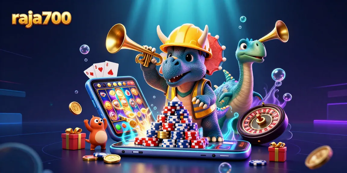 Raja700 menghadirkan triceratops membangun tumpukan chip poker di tengah perayaan permainan slot yang seru.