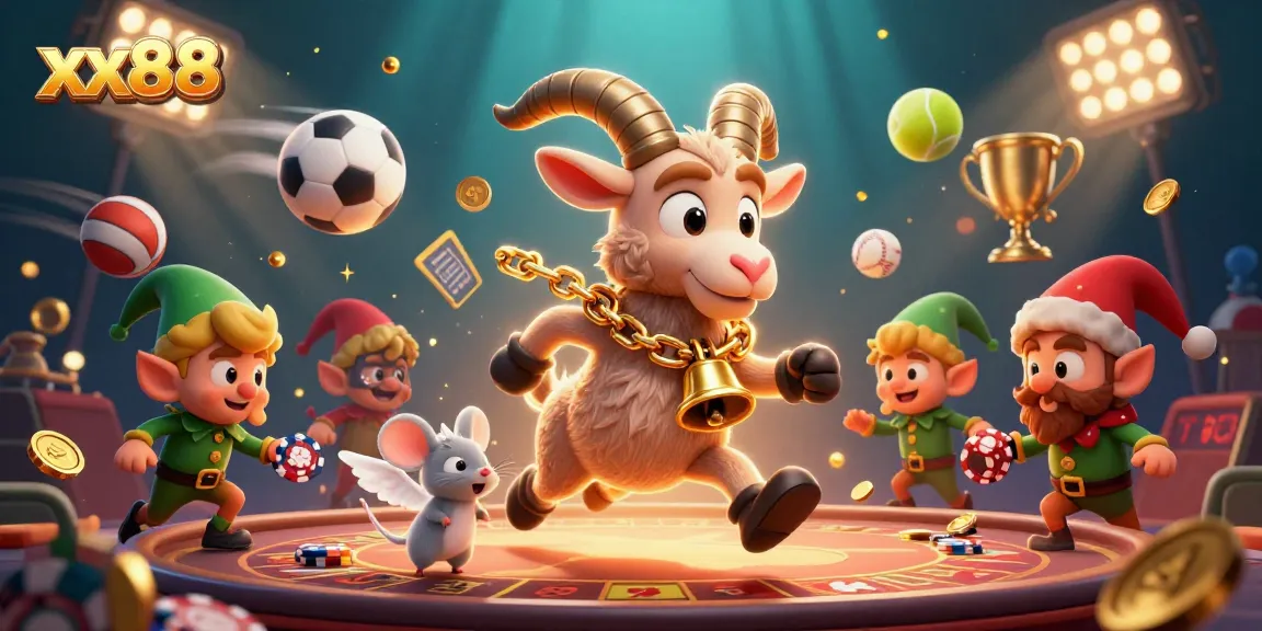 Experience thrills at xx88’s casino with a festive 3D scene of characters amid sports and gaming elements.