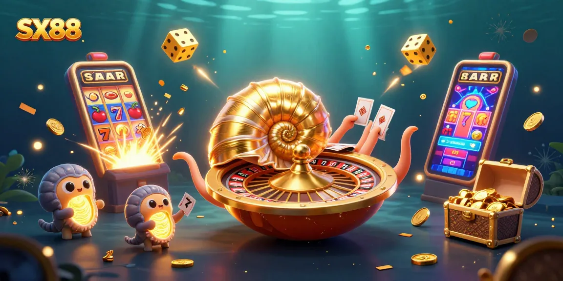 SX88 casino excitement unfolds as the giant nautilus spins a roulette wheel amidst vibrant jackpots and game symbols.
